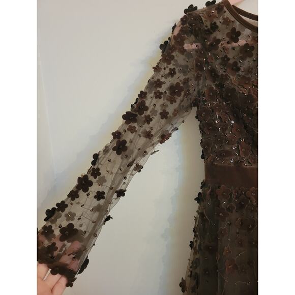 NWOT Mac Duggal Long Sleeve Fit & Flare Velvet Embellished Dress Coffee 4 - Picture 3 of 7